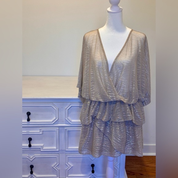 IRO Ruffled Gold Lame Wide Tiered Mini Dress - Picture 3 of 6